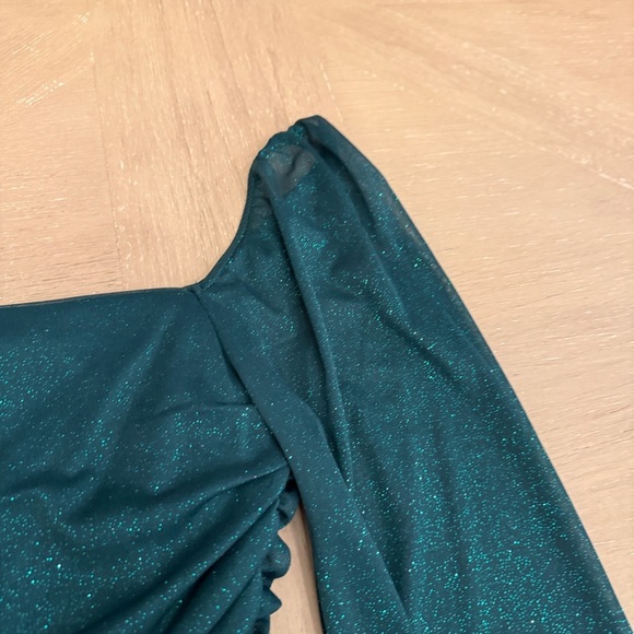Jump Emerald Teal Shimmering Long Sleeve Ruched Dress Hoco dance - Picture 6 of 9